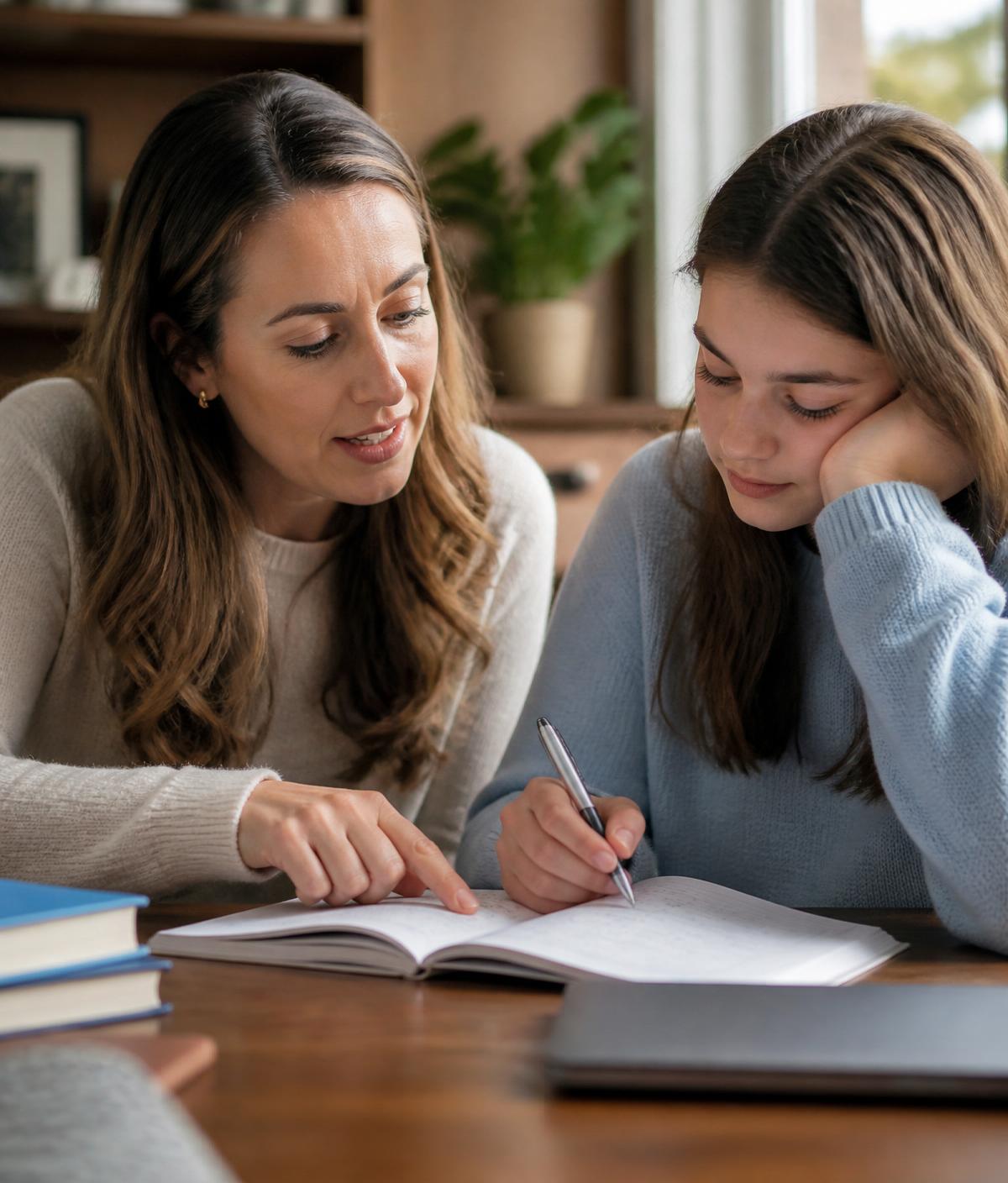 A tutor sitting beside a student, working together in a notebook